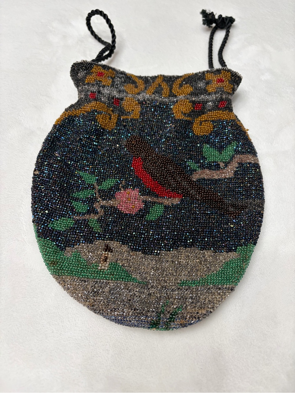 Antique Edwardian Micro Beaded Pouch Purse Robin Bird Scenic Reticule Dolly Bag